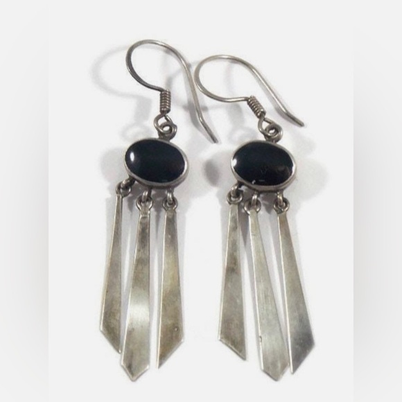Vintage Silver Boma Blk Onyx Drop Dangle Earrings - Picture 1 of 3
